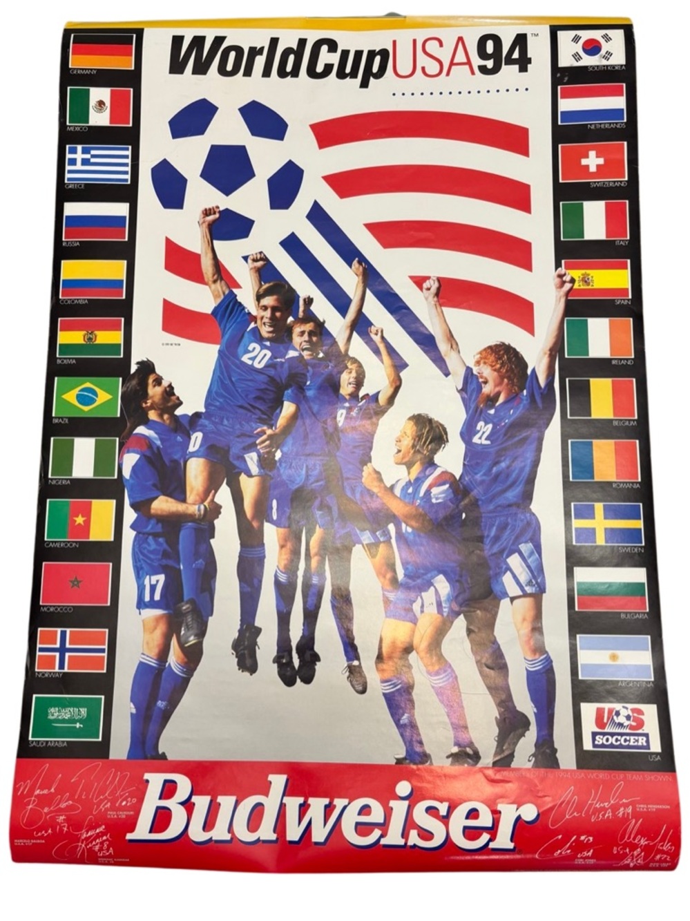 Vintage 1994 World Cup USA Budweiser Poster Soccer USA 94 Flags 29x20